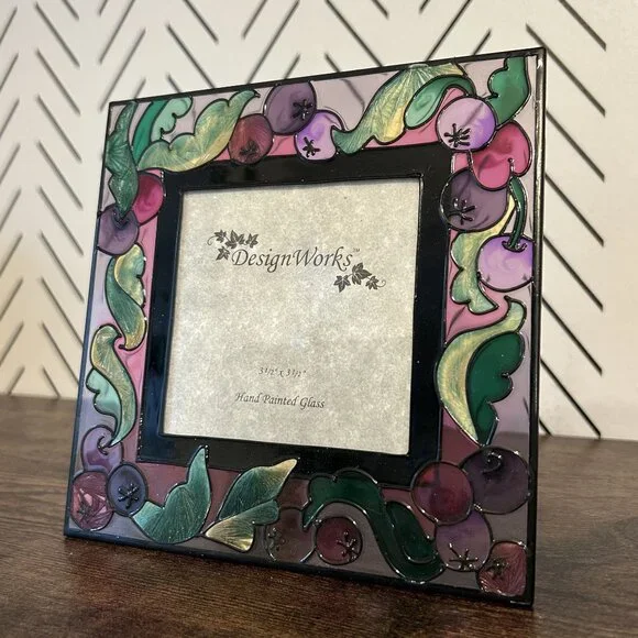New Stain Glass Grapes Leafs Hand Painted Picture Frame 5.5 Design Works 3.5x3.5 - Picture 3 of 10